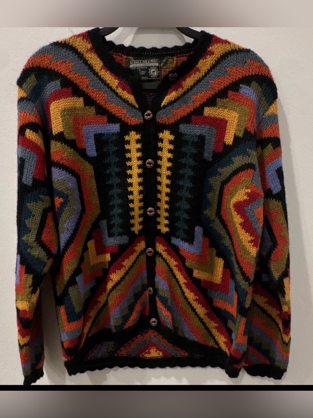 Vintage-Inspired Multicolor Geometric Button Cardigan Sweater